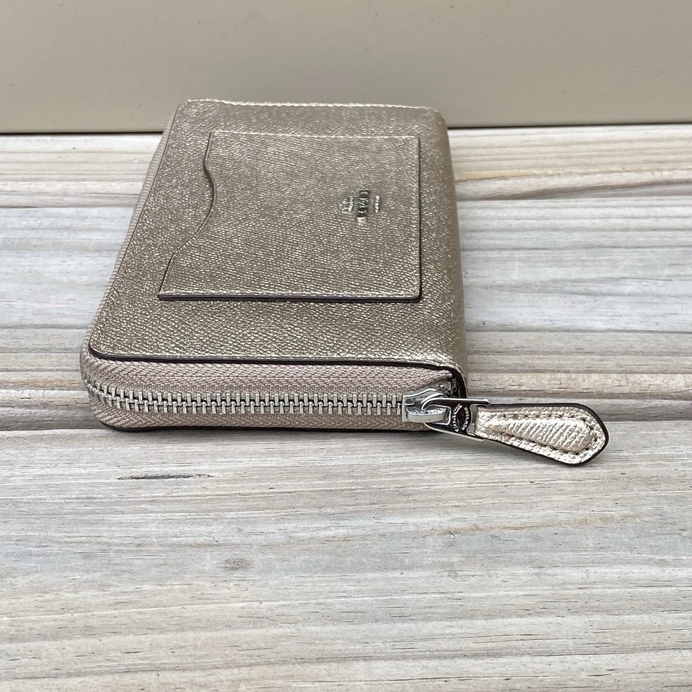 Coach Zip-Around Long Wallet F21068 Metallic Platinum Crossgrain Leather